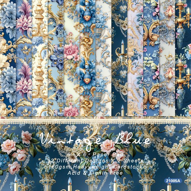 Alinacutle Junkjournal Vintage Blue Paper Pack mit 24 Blatt gemustertem Papier für Scrapbooking und Basteln - Bild 1