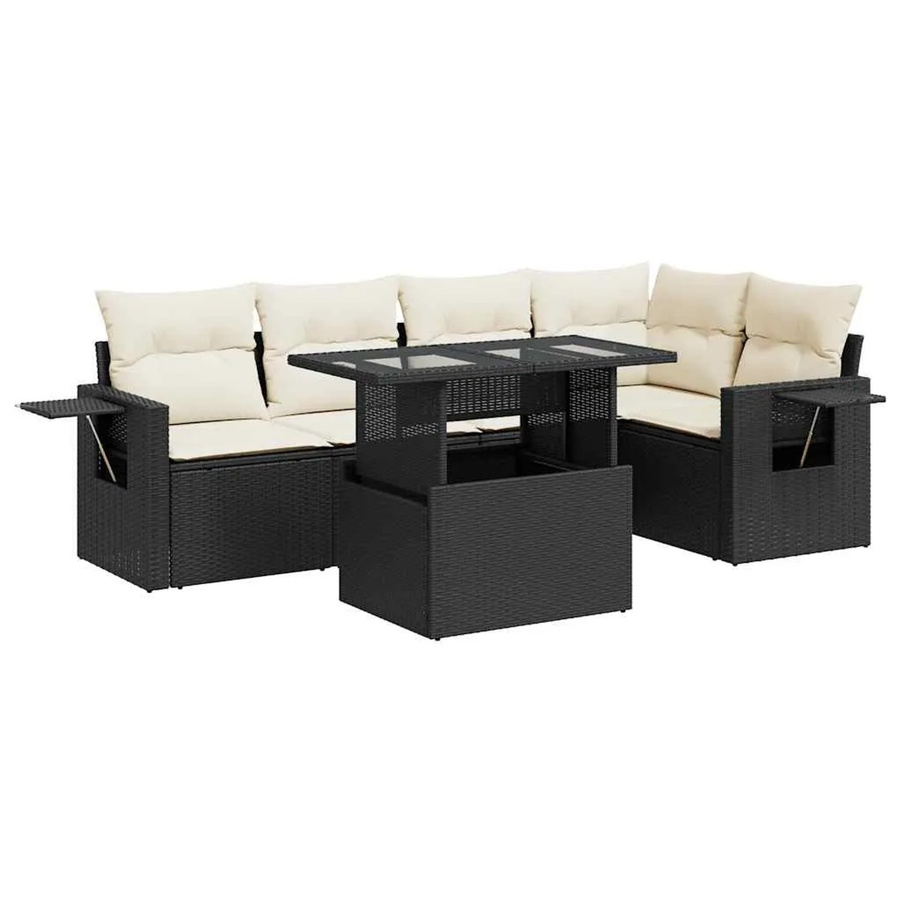 vidaXL 6-teilige Garten-Sofagarnitur in L-Form aus schwarzem Poly-Rattan mit Kissen und pulverbeschichtetem Stahlgestell - Bild 2