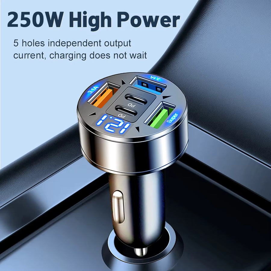 250W 5-Port USB-Autoladegerät mit PD QC3.0 USB-C und Spannungsanzeige für iPhone, Samsung, Huawei und Xiaomi - Bild 3