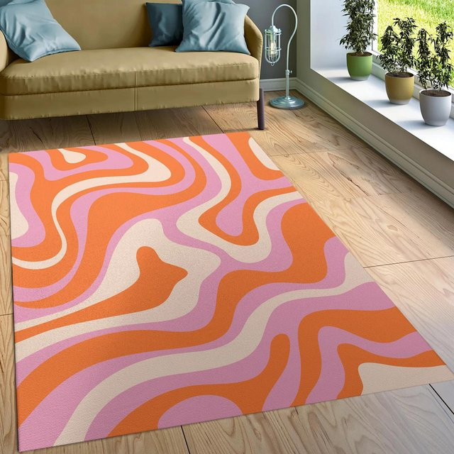 Wellenförmiger Retro-Teppich im 70er-Jahre-Stil in Orange und Pink, B/T: 120 x 80 cm - Bild 1