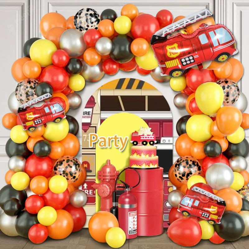 110-teiliges Ballonbogen-Set im Feuerwehrauto-Thema in Gelb, Orange, Rot und Schwarz inklusive großer Feuerwehrauto-Folienballons für Kindergeburtstage - Bild 1