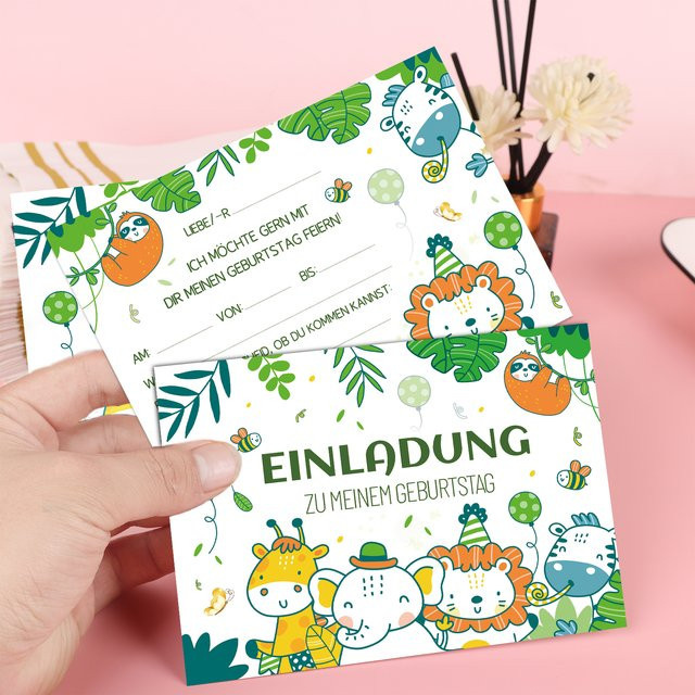 16 Sets Geburtstagseinladungskarten mit Waldtieren wie Elefant, Zebra und Löwe, Multicolor, inklusive 12 Karten, 12 Umschlägen und 12 Aufklebern - Bild 1