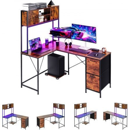 VEVOR Gaming-Schreibtisch L-förmig mit LED-Beleuchtung, Eck-Computertisch mit Steckdosen, CPU-Ständer und Schubladen, B/T/H: 165 x 158 x 110 cm - Bild 1