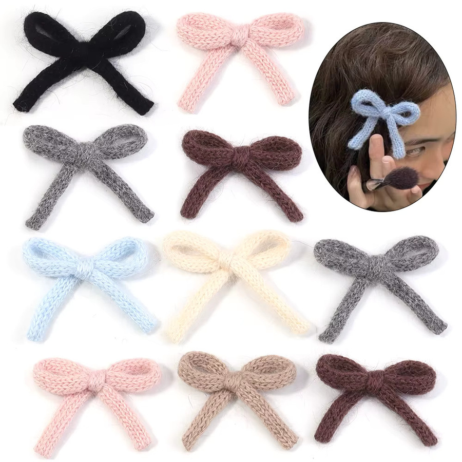 6er Set handgemachte Schleifen aus Baumwolle und Plüsch in Bunt, Gestrickte Blumen-Bowknots für Bastelarbeiten und Geschenke, B/H: 5 x 7 cm - Bild 4