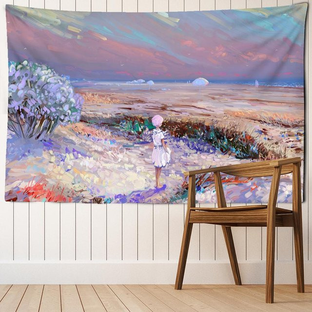 Binchi Outdoor Equipment Wandteppich mit Mädchen Charakter Illustration im Boho Hippie Stil, Grau/Mehrfarbig, B: 95 cm, H: 70 cm - Bild 1