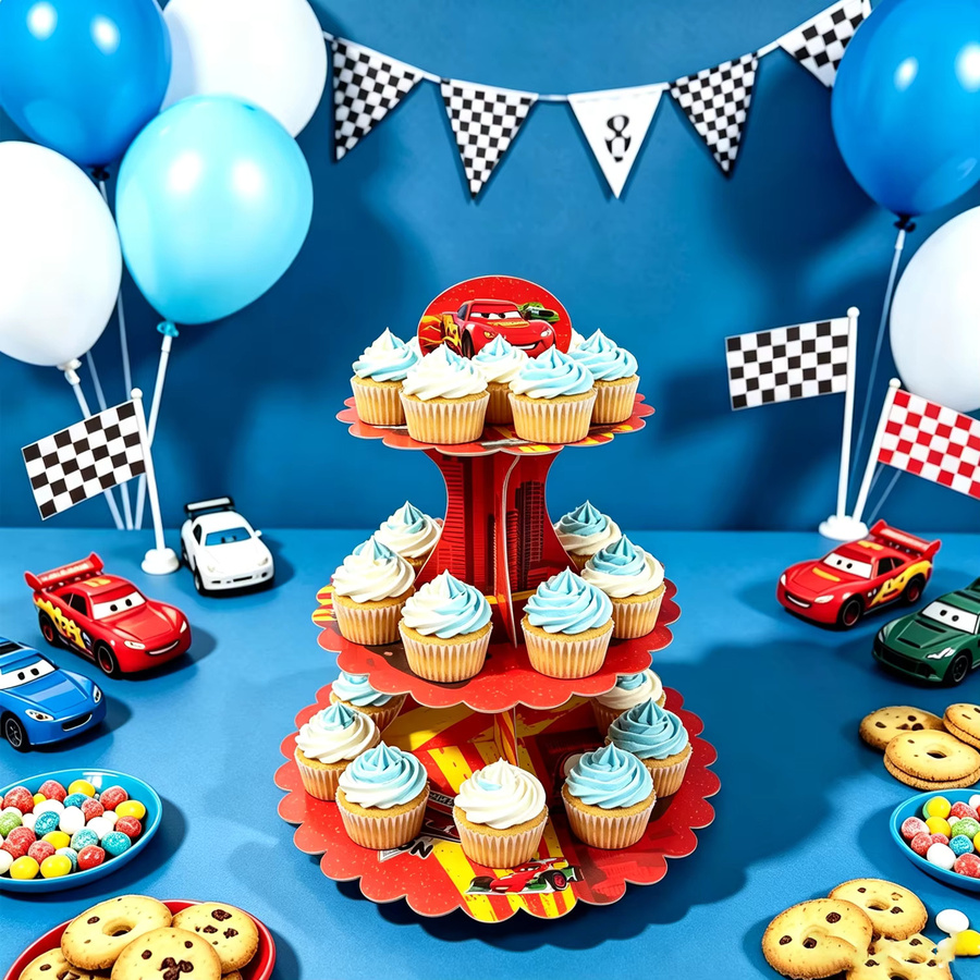 Disney Cartoon Rennwagen Cupcake-Ständer aus Papier, 3-stöckiger Dessert-Präsentationshalter in Rot für deine Geburtstagsparty - Bild 4