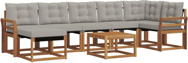 vidaXL Outdoor-Sofagarnitur 8-teilig aus Akazienholz in Natur und Hellgrau mit UV-beständigen Textilene-Kissen und L-Form - Bild 1