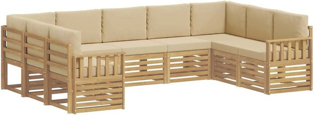 vidaXL Outdoor-Sofagarnitur 7-teilig in L-Form aus Akazienholz mit Polstern in Weiß und Beige, B/T/H: 304 x 128,5 x 73 cm - Bild 1