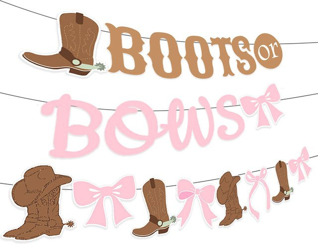 LaVenty Gender Reveal Banner mit Stiefel- und Schleifen-Motiv in Pink und Multicolour für deine Cowgirl Partydekoration - Bild 1
