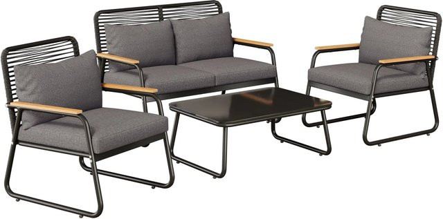 okwish Garten-Lounge-Set für 4 Personen in Dunkelgrau mit verstellbaren Beinen und Eisenrahmen - Bild 1