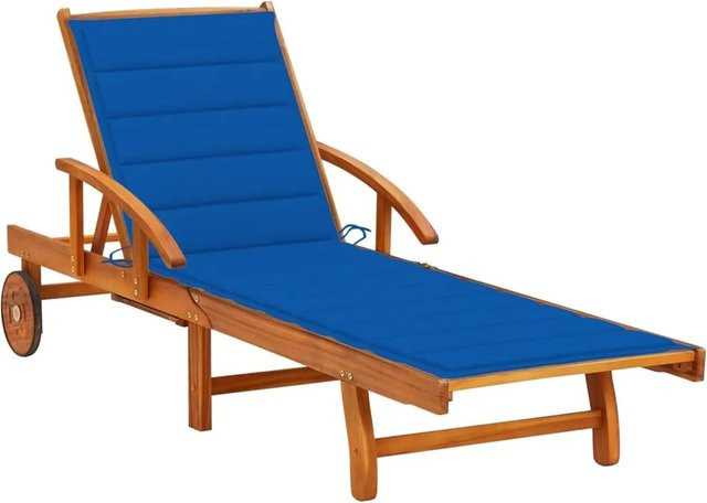 vidaXL Sonnenliege aus Akazien-Massivholz mit blauer Auflage und Rollen - Bild 1