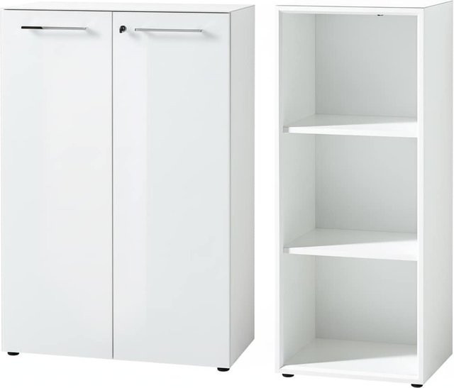 Büro-Set MUENCHEN von Kadima Design, 2-teilig, Weiß, Kommode und Regal mit Glasfront und abschließbaren Elementen, Höhe: 120 cm - Bild 1
