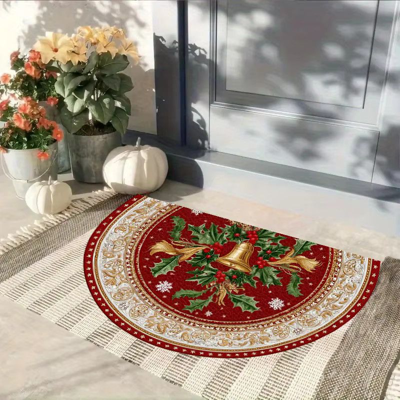 VIKAMA Weihnachts-Fußmatte im Vintage-Stil, halbrund, rot mit goldenen Glocken und Holly-Print, Druckteppich für deine Weihnachtsdekoration - Bild 2