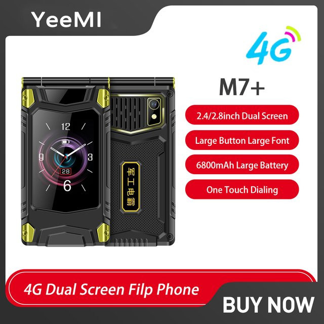 YeeMI M7+ 4G Robustes Flip-Telefon in Schwarz mit Dual-SIM, Dual-Screen und 6800 mAh Akku - Bild 1