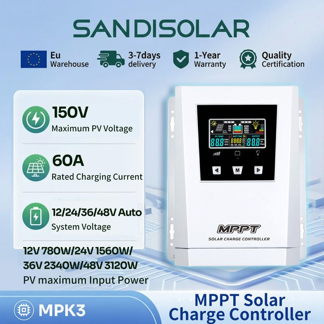 SANDISOLAR MPPT Solarladeregler mit LCD-Display für Blei-Säure- und Lithium-Batterien, Farbe: Weiß - Bild 1