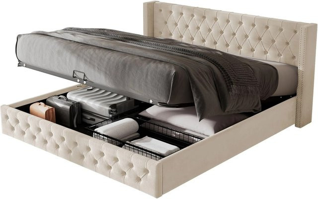 KOMHTOM Gepolstertes Doppelbett mit Hydraulik-Lift-Funktion im Chesterfield-Stil aus Samt in Beige, B/T/H: 140 x 200 x 109,5 cm - Bild 1