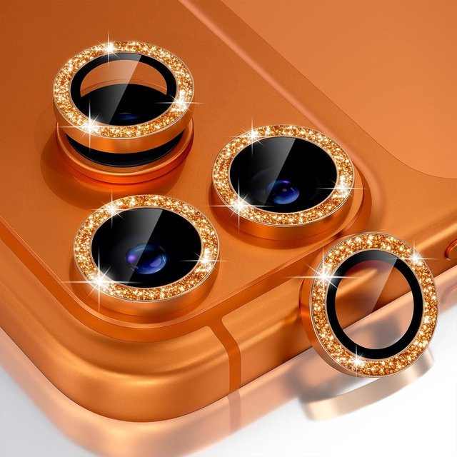 Glitzernde Kameraobjektiv-Schutzhülle von NYFundas für iPhone 17 Pro Max, 16 Plus, 15, 14, 13 Mini in Orange und Silber - Bild 1