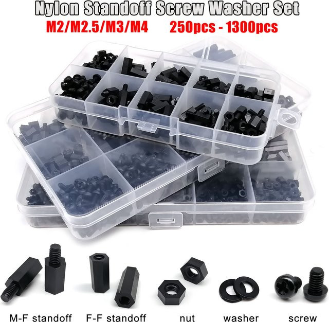 HZYUEGOU Nylon Abstandshalter Set aus schwarzem Kunststoff mit Sechskant-Säulen und Schrauben M2 M2,5 M3 M4 445/1300 Stück - Bild 1