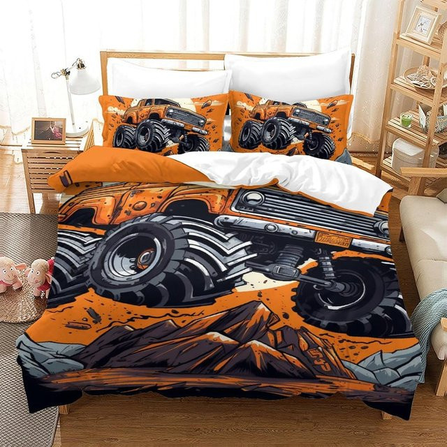 Flylo Monster Truck Bettwäsche-Set aus weicher Mikrofaser mit 3D Cartoon Anime Druck in Orange, bestehend aus Bettbezug und Kissenbezügen, Breite: 70 cm, Länge: 133 cm - Bild 1
