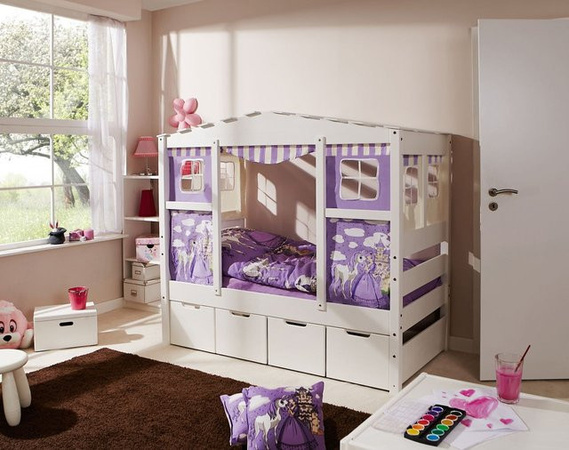 TICAA Hausbett MINI Prinzessin aus Kiefernholz in Lila mit Zusatzbett und 2 Matratzen