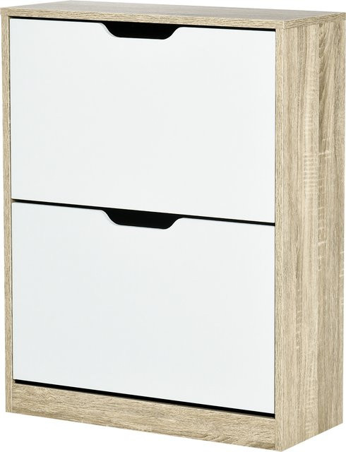 HOMCOM Schuhschrank Platzsparend in Weiß und Holz mit 2 Klappschubladen für 8 Paar Schuhe, B/T/H: 62,5 x 26 x 81 cm - Bild 1