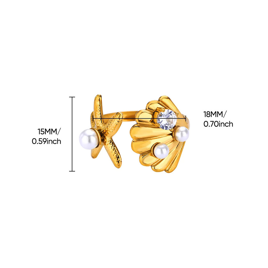 HPTOTMG Ring Edelstahl, goldfarben, Zirkonia, Damen, Seestern, Muschel - Bild 2