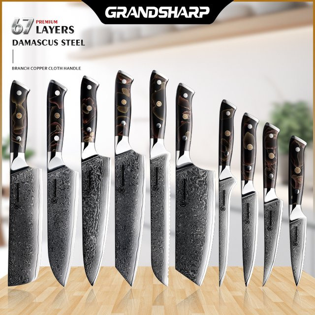 Grandsharp Damast Küchenmesser Set aus 67 Schichten 10 Cr15CoV Stahl mit Kupfer-Stoff-Griff in Silber - Bild 1