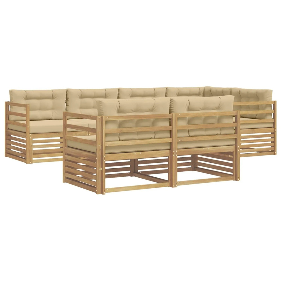 vidaXL Outdoor-Sofagarnitur 7-teilig in L-Form aus Akazienholz mit Kissen in Weiß und Beige - Bild 2