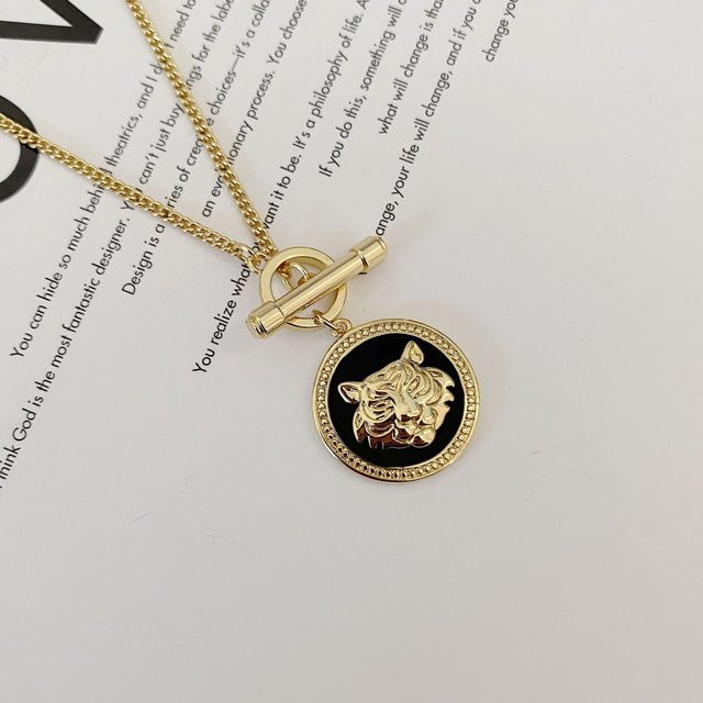 Halskette mit Goldüberzug, Emaille-Glasur, Tigerkopf, beige, Damen - Bild 1