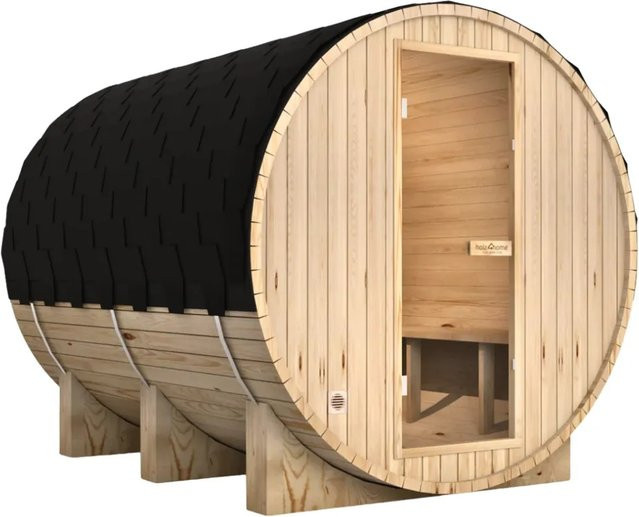 DELUKE Fasssauna Outdoor mit Elektroofen PIET für 6 Personen aus Fichtenholz in Braun mit Saunazubehör im skandinavischen Design - Bild 1