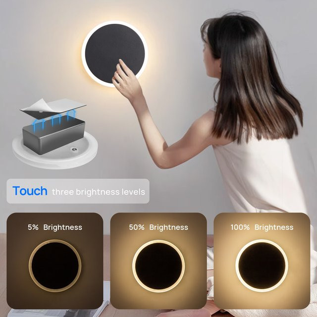 Litu LED-Wandleuchte mit Touch-Schalter und Akku, warmweißes Licht, Schwarz - Bild 1