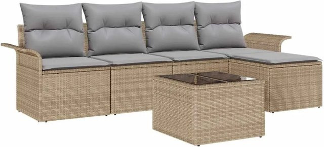vidaXL Garten-Sofa-Set aus Polyrattan in Beige, 6-teiliges L-Shape Lounge-Set mit Kissen, Couchtisch und Ottomane für Terrasse und Garten - Bild 1