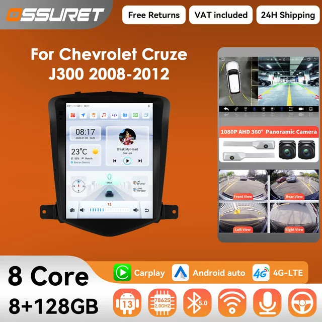 OSSURET 9,7 Zoll Wireless Carplay und Android Auto Multimedia-Player mit GPS und Bluetooth für Chevrolet Cruze J300 2008-2012, 2DIN Stereo in Schwarz - Bild 1