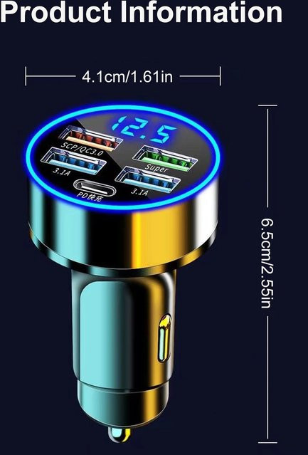 250 W 5 Ports LED Auto Ladegerät mit USB-C PD Schnellladefunktion für iPhone, Samsung, Huawei und Xiaomi - Bild 1