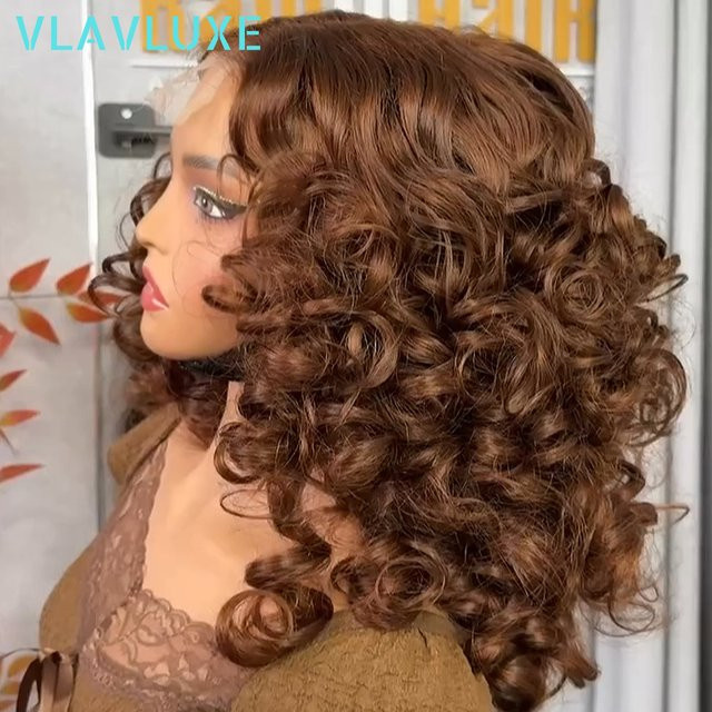 VLAVLUXE Perücke, Braune Curly Lace Frontal Perücke, 16-36 Zoll, 300 Density, HD Transparent, Vorgezupft - Bild 1