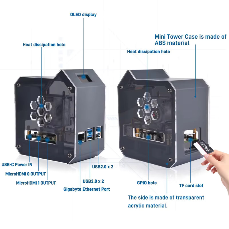 GeeekPi Raspberry Pi 5 ABS Mini Tower Komplettset in Schwarz mit Eisturm Kühler, 0,96 Zoll Display und Netzteil - Bild 2