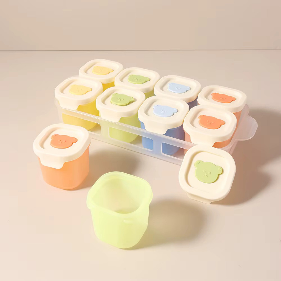Silikon Beikostbox für Babys mit Deckel, Dampfkuchenform und Eiswürfelform, Farben: Blau, Gelb, Multicolour - Bild 2