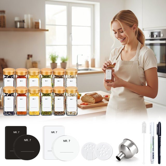 SIAZIH Quadratisches Gewürzgläser-Set aus Glas mit Bambusdeckeln, 120 ml luftdichte und auslaufsichere Aufbewahrungsbehälter, transparent - Bild 1