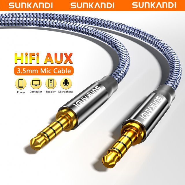 SUNKANDI 3,5 mm Audiokabel grau, geflochtenes TRRS 4-poliges AUX-Kabel für Hi-Fi-Stereo, Stecker auf Stecker für Kopfhörer, Lautsprecher und Tablets - Bild 1