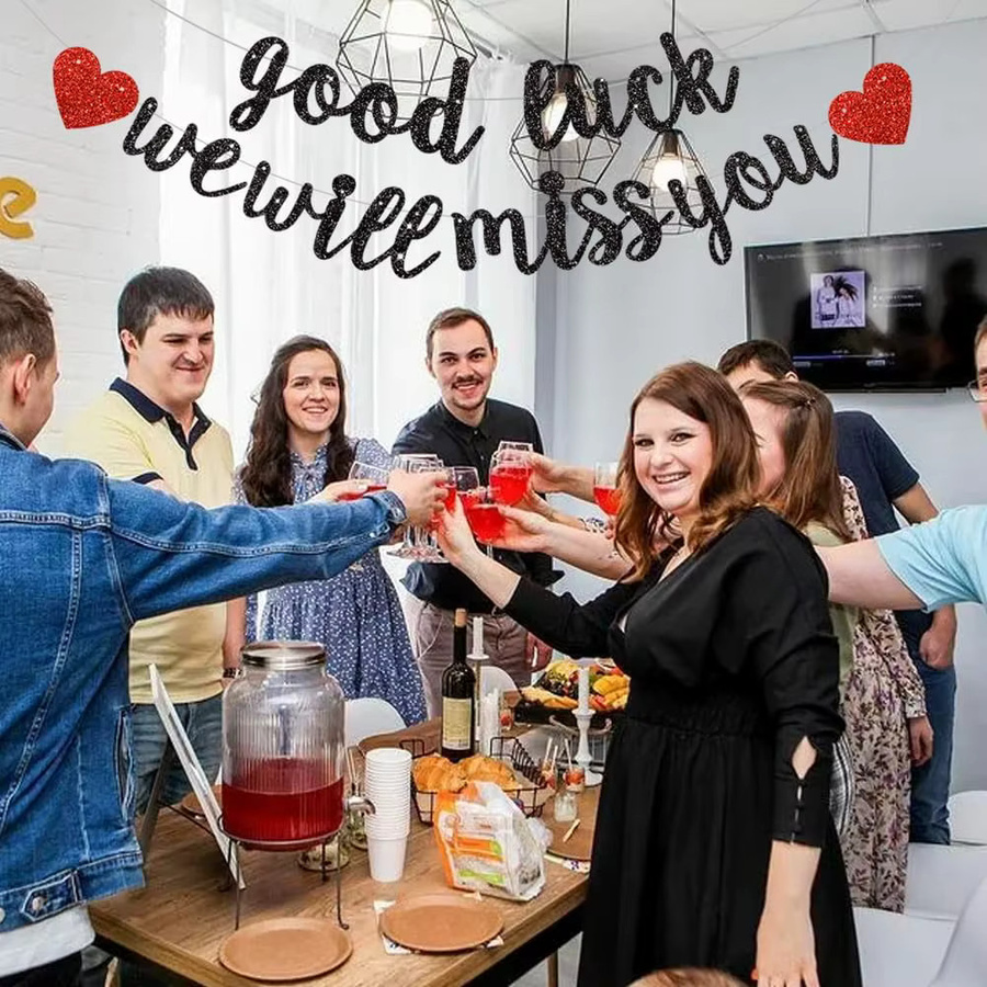 VRISE Abschiedsparty Banner Good Luck We Will Miss You in Schwarz und Gold mit Glitzer-Effekt für Abschiedsfeiern und Abschlussfeiern - Bild 4
