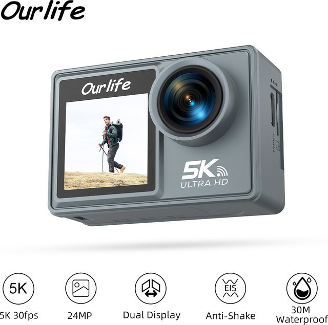 Ourlife MTR40 5K Actionkamera mit 2,0 Zoll IPS Touchscreen, 5X Zoom, WiFi und EIS, wasserdichte Sportkamera bis 30 m Tiefe - Bild 1