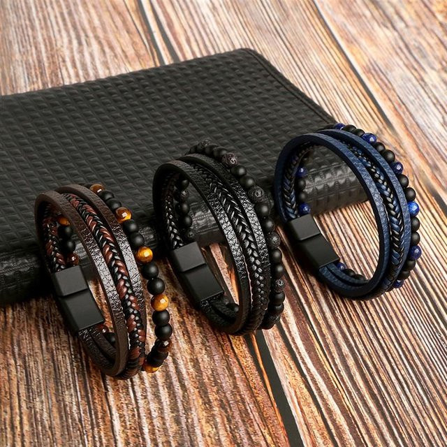 Jiayiqi Armband, Leder, Perle, Schwarz, Herren - Bild 1