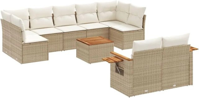 vidaXL 10-teilige Garten-Sofagarnitur aus Poly-Rattan und Akazienholz in Beige mit UV-beständigen Kissen - Bild 1