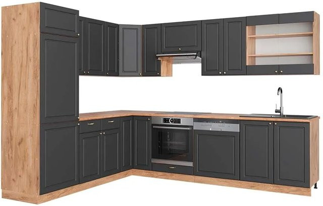 Vicco Fame-Line Eckküche Landhausstil in Anthrazit und Eiche mit Soft-Close-Türen, B/T/H: 227 x 287 x 82 cm - Bild 1