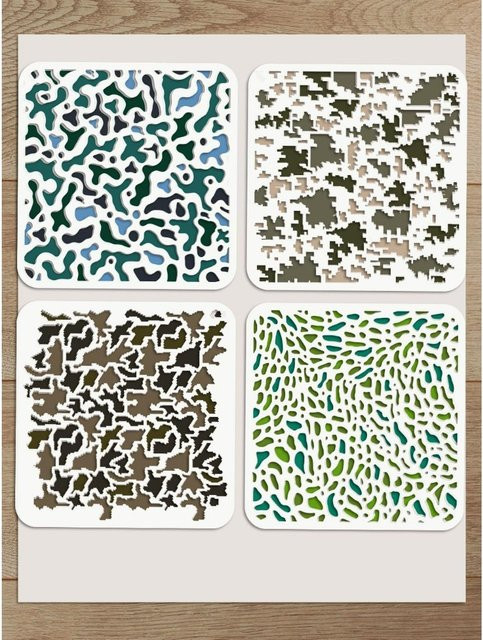 4 Stück Camo-Malschablonen mit Pinsel, wiederverwendbare Tarnung-Zeichnungsvorlagen für Bastelarbeiten, B/B: 30 x 30 cm - Bild 1