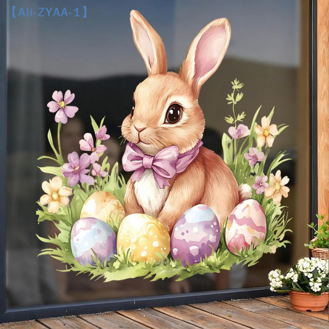 JETTING Osteraufkleber mit Osterhasen und Blumen, wasserfeste und wiederverwendbare PVC-Dekoration für Fenster und Balkon, Mehrfarbig - Bild 1