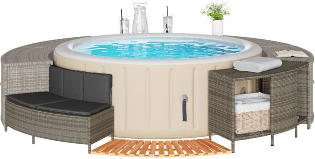 vidaXL Whirlpool-Umrandung aus grauem Polyrattan und geöltem Akazienholz - Bild 3