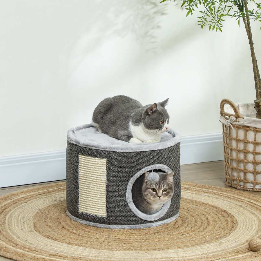 PawHut Kratztonne aus Sisal mit Höhle und integriertem Spielzeug, Dunkelgrau, Höhe: 30 cm - Bild 2
