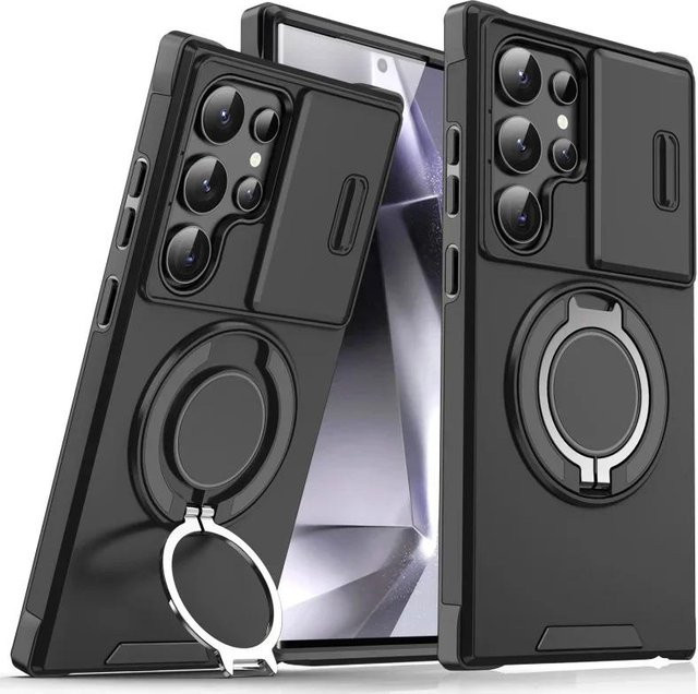 Stoßfeste Samsung Handyhülle mit Schiebkamera-Schutz und magnetischem Halter in Schwarz für Galaxy S25 S24 S23 S22 S21 Ultra Plus S24FE S23FE - Bild 1