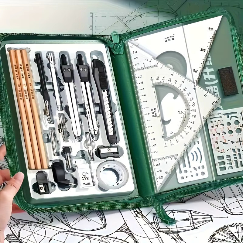 Premium-Präzisionstechnik-Entwurfs- und CAD-Design-Set in Multicolour aus Kunststoff mit Kompass, Winkelmesser, Linealstange und Kratzer - Bild 4